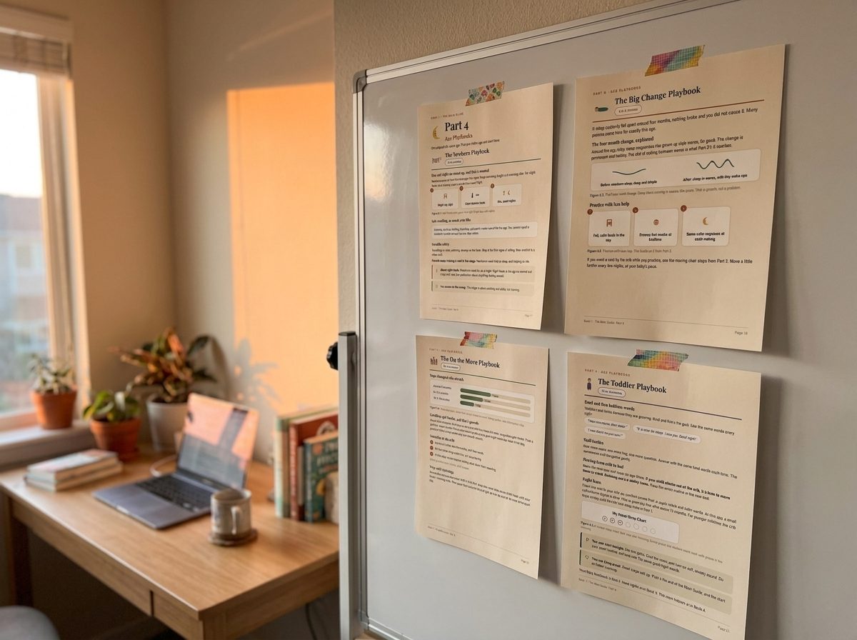 Age playbook pages printed and pinned above a desk