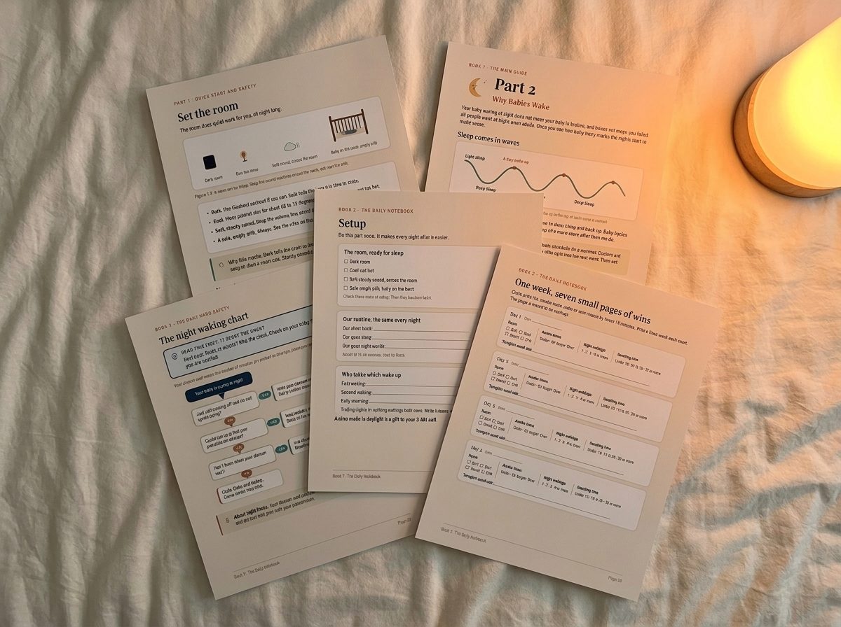 Printed pages: setting the room, the night waking chart, and the weekly tracker